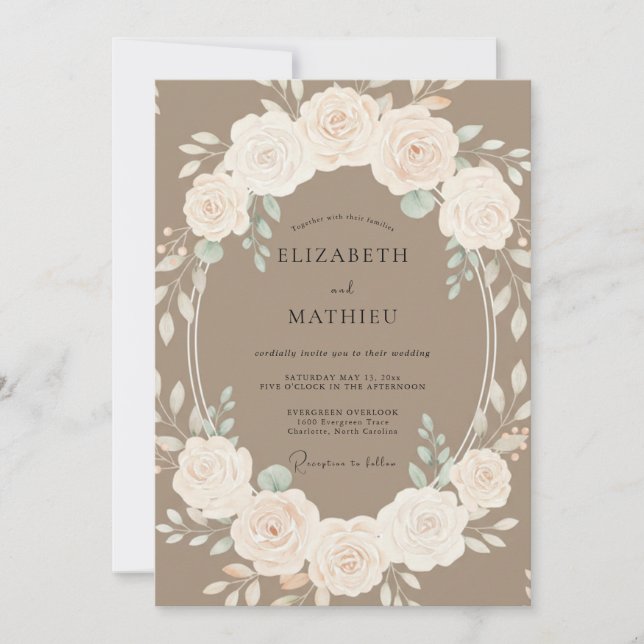 Invitación Boda Romántica con Corona Floral Taupe (Anverso)