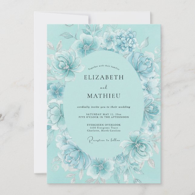 Invitación Boda Romántica con Corona Floral Turquesa (Anverso)