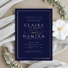 Invitación Boda Romántica con Elegancia Simple en Azul Marino
