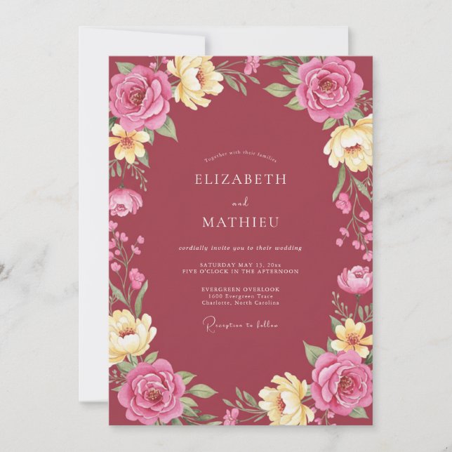 Invitación Boda Romántica con Explosión Floral de Borgoña (Anverso)