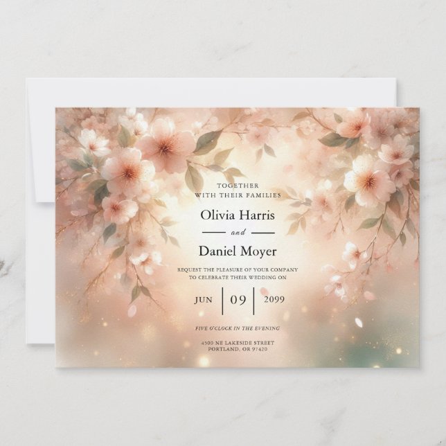 Invitación Boda Romántica con Flor de Cerezo Rosada (Anverso)