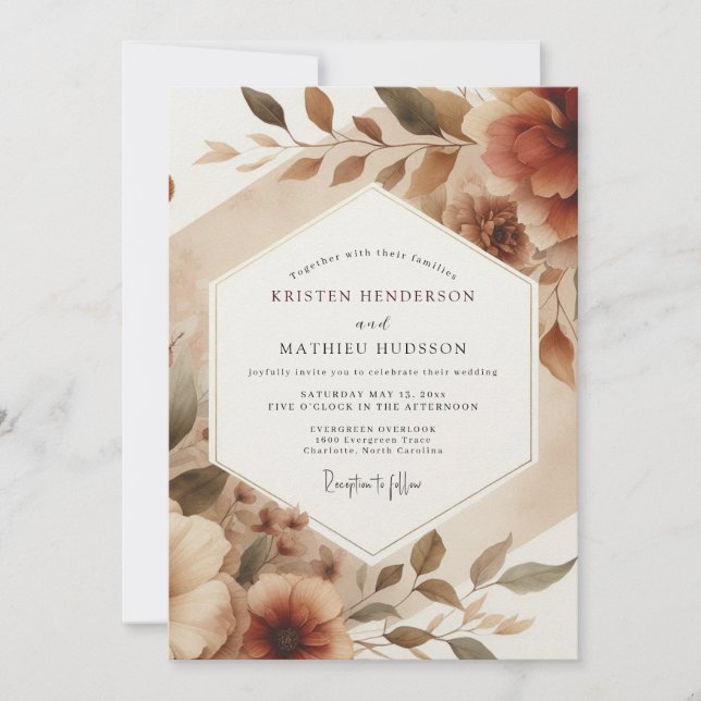 Invitación Boda Romántica con Flor Sepia (Anverso)