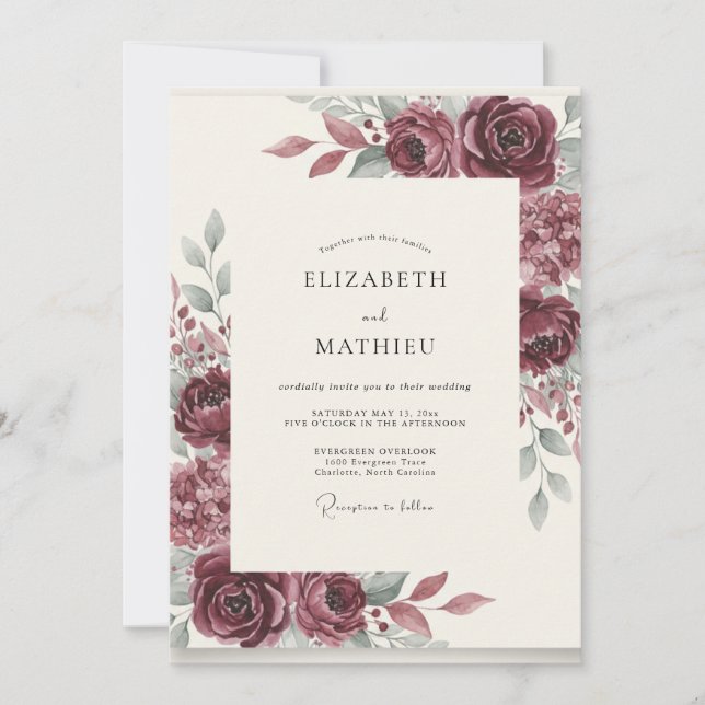 Invitación Boda Romántica con Floración de Borgoña (Anverso)