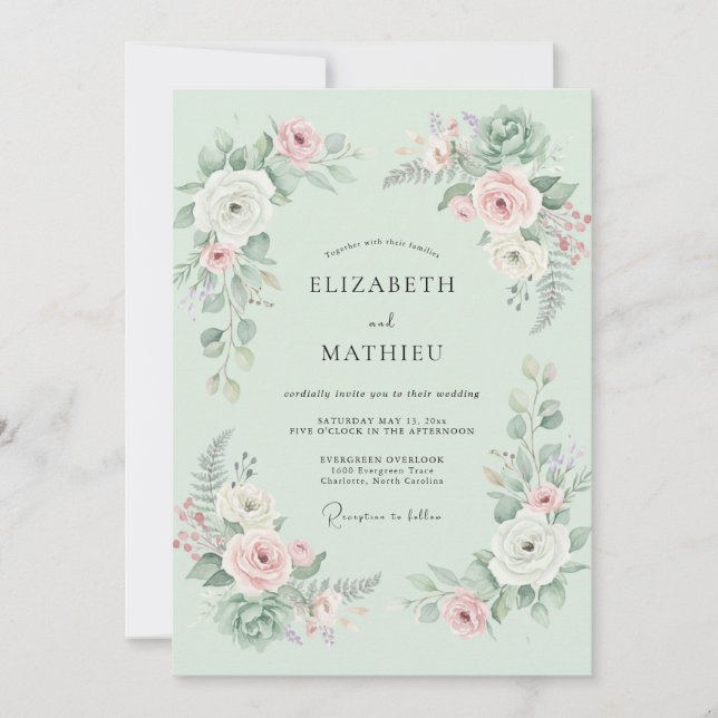 Invitación Boda Romántica con Floración de Menta (Anverso)