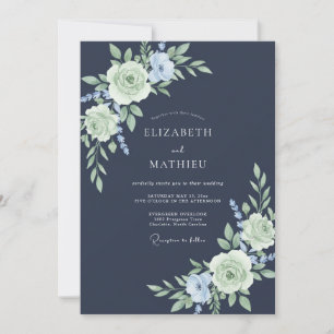 Invitación Boda Romántica con Floración Pastel Naval