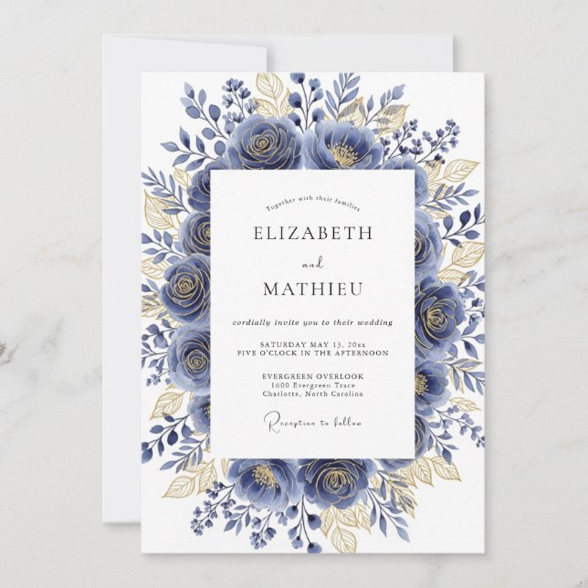 Invitación Boda Romántica con Floral Marina Dorada (Anverso)