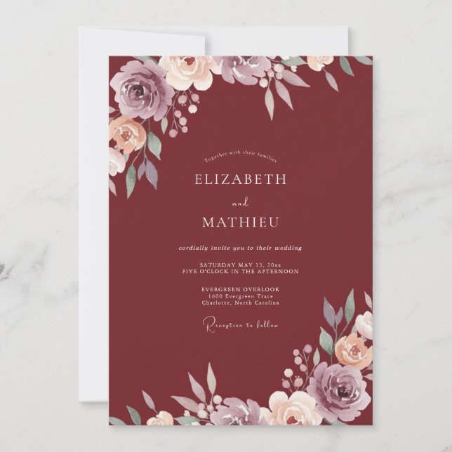 Invitación Boda Romántica con Floral Rústico de Borgoña (Anverso)