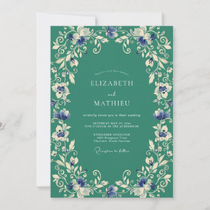Invitación Boda Romántica con Florecimiento Botánico Turquesa