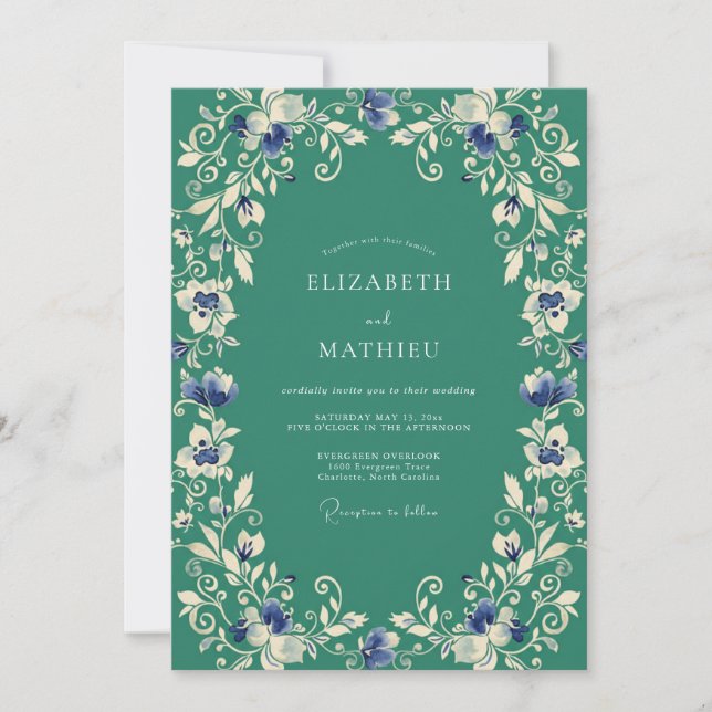 Invitación Boda Romántica con Florecimiento Botánico Turquesa (Anverso)