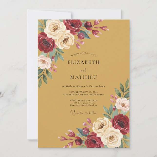 Invitación Boda Romántica con Florecimiento de Borgoña (Anverso)