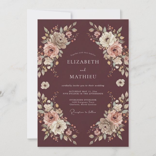 Invitación Boda Romántica con Florecimiento de Borgoña (Anverso)