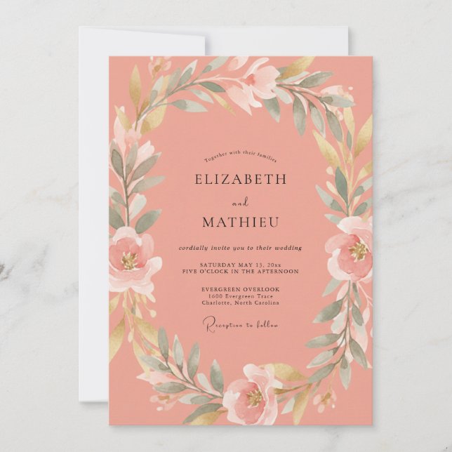 Invitación Boda Romántica con Florecimiento de Coral (Anverso)