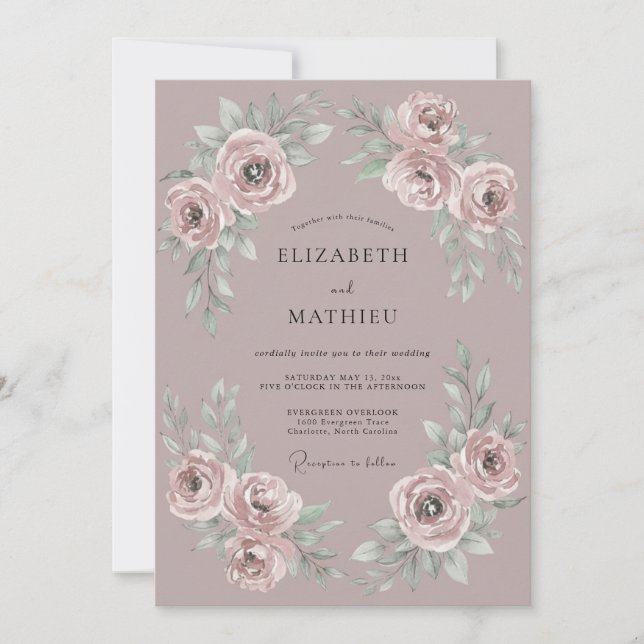 Invitación Boda Romántica con Florecimiento de Rosa Malva (Anverso)