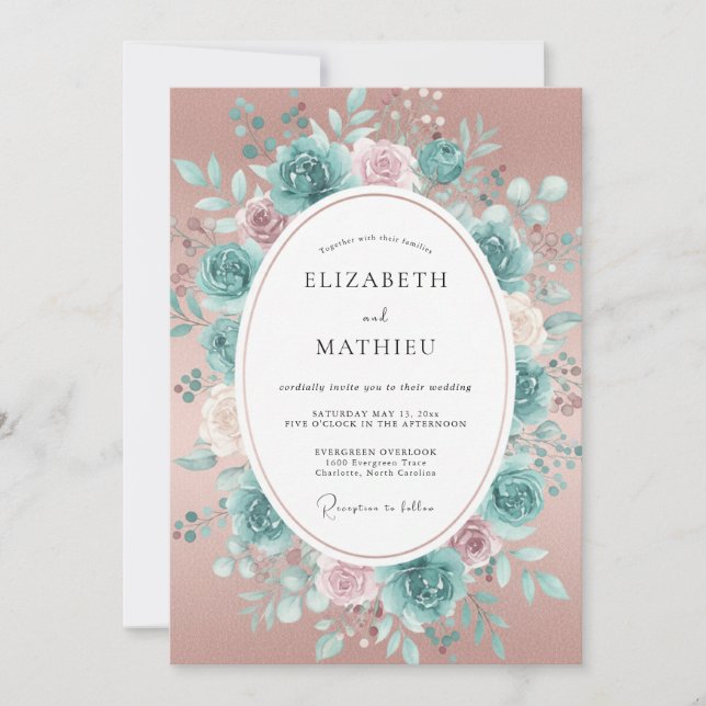 Invitación Boda Romántica con Florecimiento de Rosa Teal (Anverso)