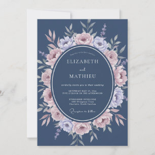 Invitación Boda Romántica con Florecimiento Floral Azul Pizar