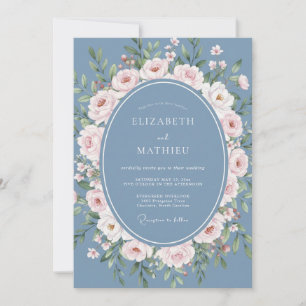 Invitación Boda Romántica con Florecimiento Floral Azul Polvo