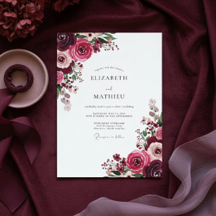 Invitación Boda Romántica con Florecimiento Floral Borgoña