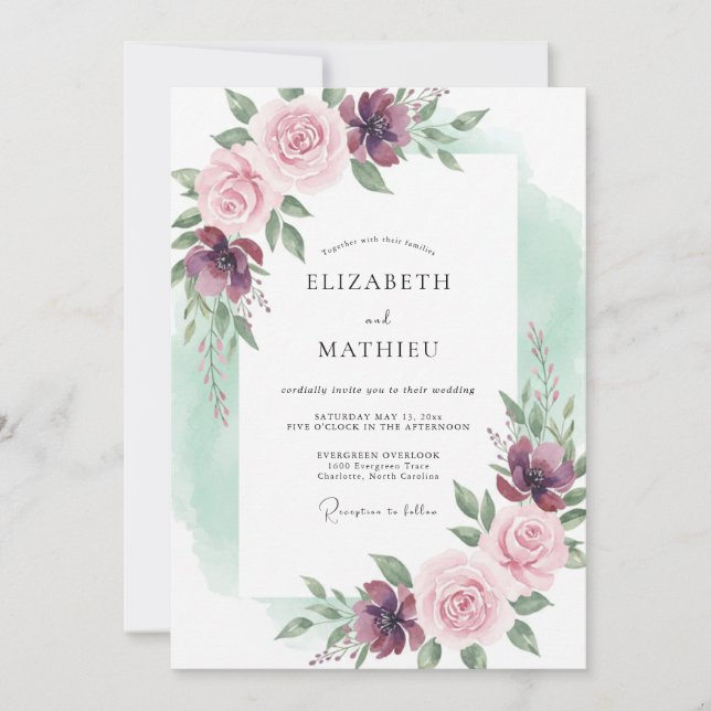 Invitación Boda Romántica con Florecimiento Malva (Anverso)