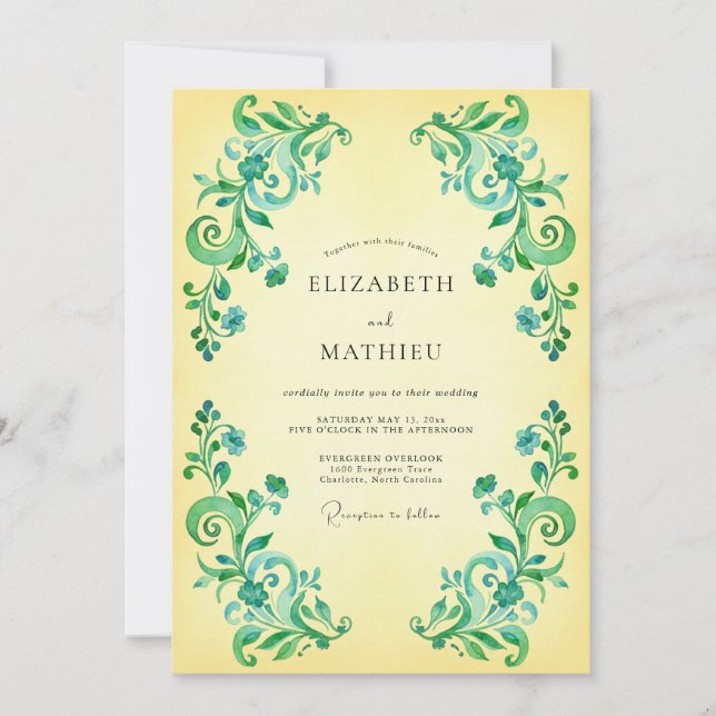 Invitación Boda Romántica con Florecimiento Verde Teal (Anverso)