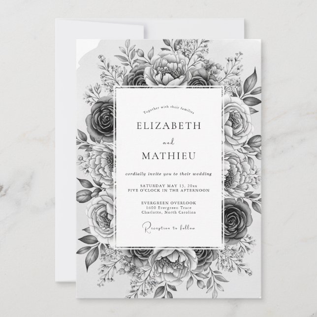 Invitación Boda Romántica con Flores Grises (Anverso)