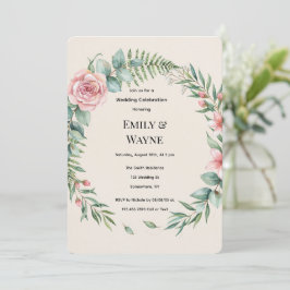Invitación Boda Romántica Con Flores Rosadas Y Verdor