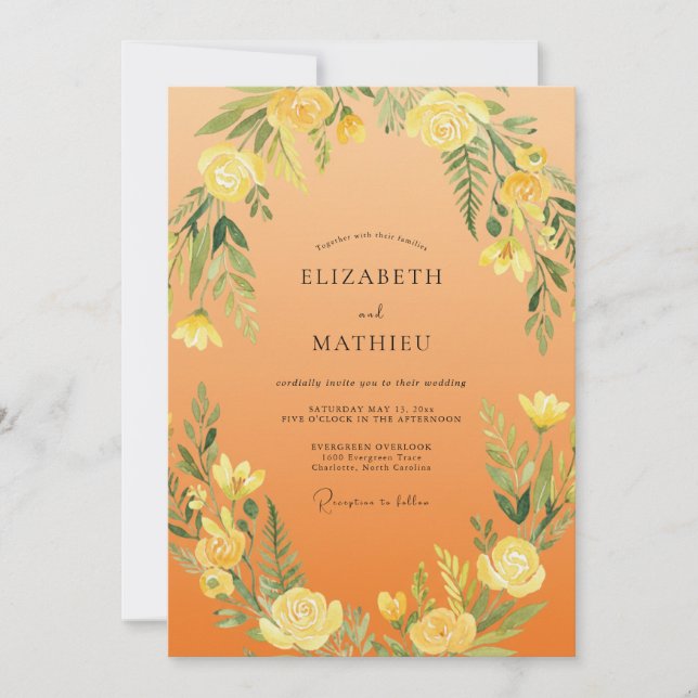 Invitación Boda Romántica con Follaje Lujurioso Amarillo (Anverso)