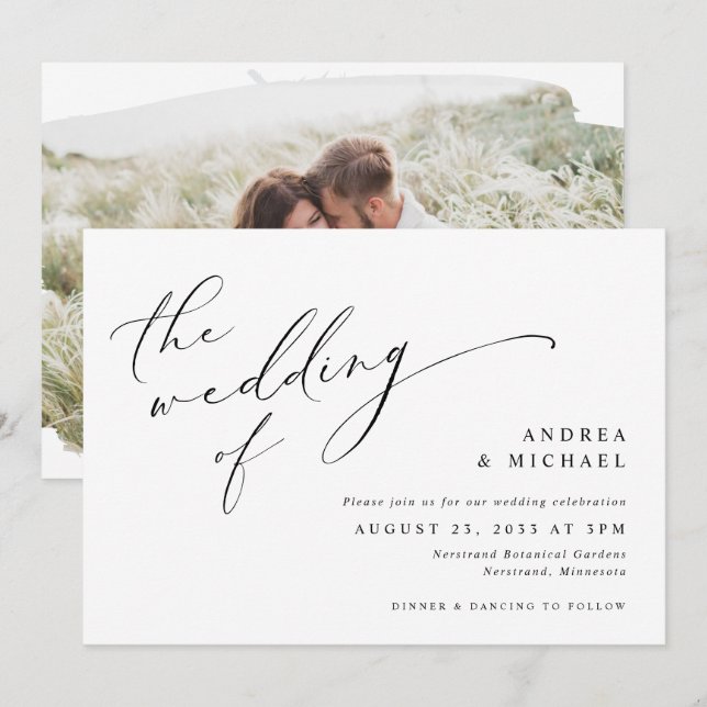 Invitación Boda Romántica con Foto Horizontal de Letra Antigu (Anverso / Reverso)