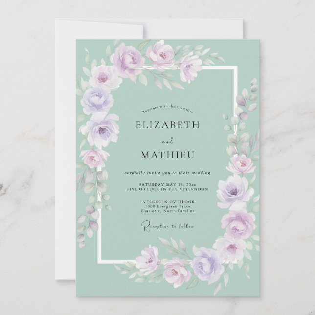 Invitación Boda Romántica con Guirnalda Floral de Menta (Anverso)