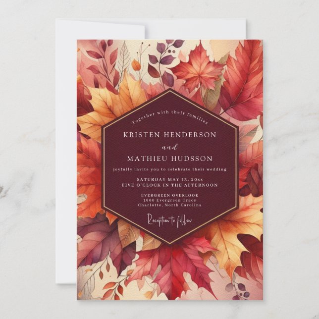 Invitación Boda Romántica con Hojas de Borgoña (Anverso)
