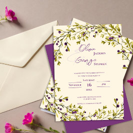 Invitación Boda Romántica con Hojas de Frutas Moradas Rústica