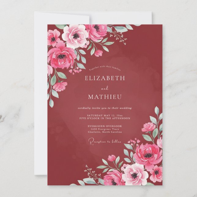 Invitación Boda Romántica con Lustre Borgoña (Anverso)