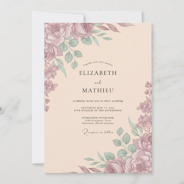 Invitación Boda Romántica con Mauve Suave (Anverso)