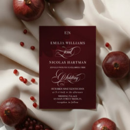 Invitación Boda Romántica con Monograma Rojo Borgoña