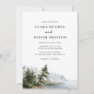 Invitación Boda romántica con paisaje de pino en la costa de 