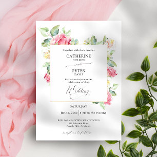 Invitación Boda Romántica con Rosas de Acuarela Rosadas/Marfi