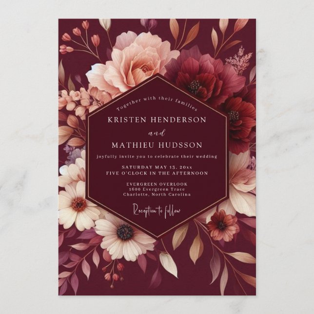 Invitación Boda Romántica con Toque de Borgoña (Anverso)