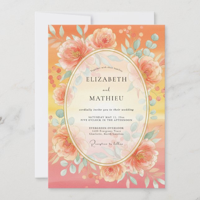 Invitación Boda Romántica Coral Bloom (Anverso)