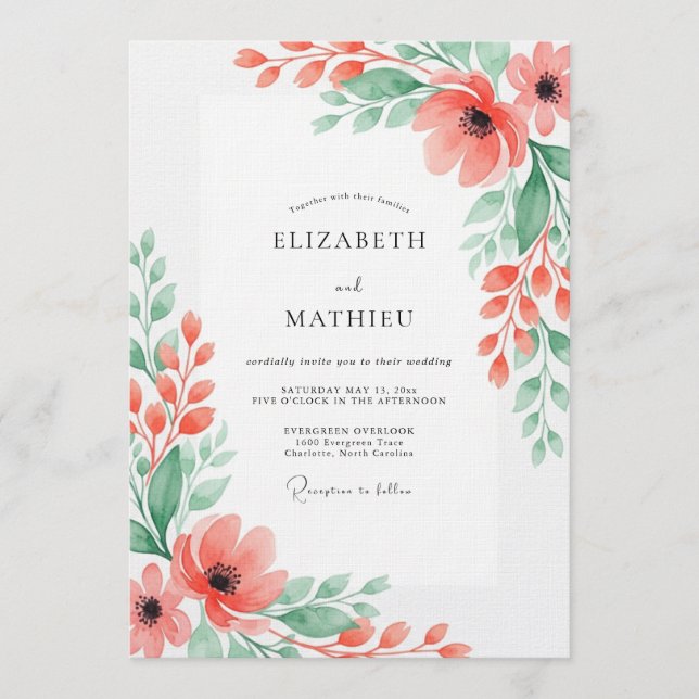 Invitación Boda Romántica Coral Bloom (Anverso)