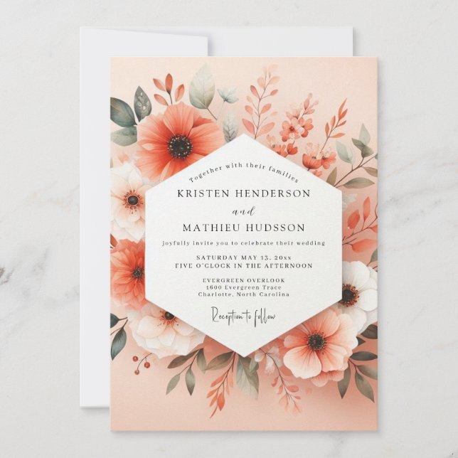 Invitación Boda Romántica Coral Bloom (Anverso)