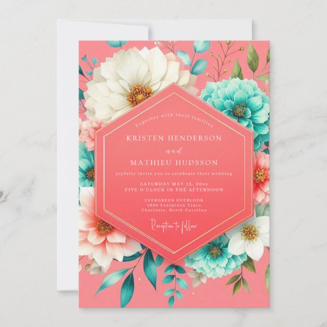 Invitación Boda Romántica Coral Bloom (Anverso)