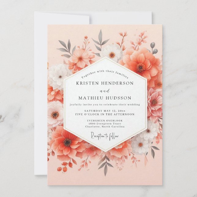 Invitación Boda Romántica Coral Bloom (Anverso)