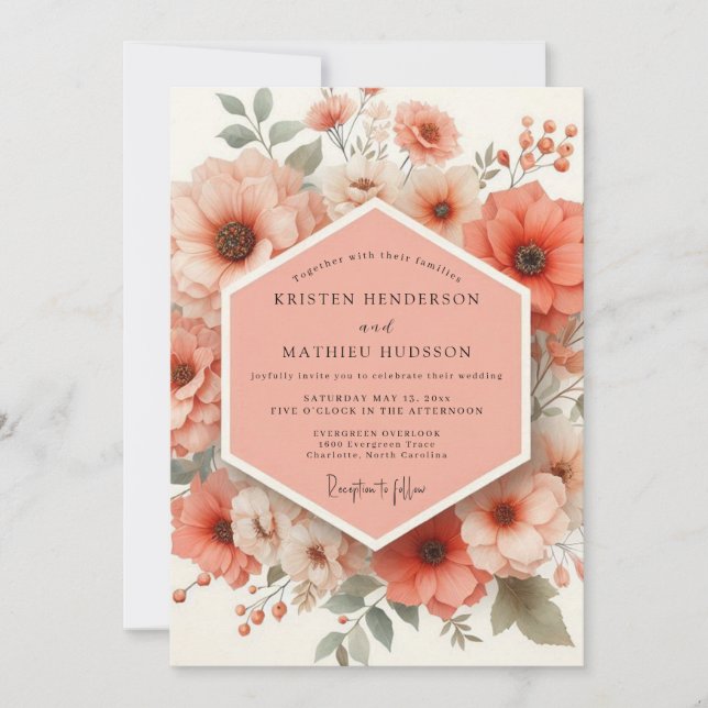 Invitación Boda Romántica Coral Bloom (Anverso)