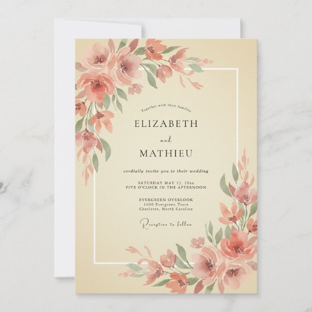Invitación Boda Romántica Coral Blossom (Anverso)