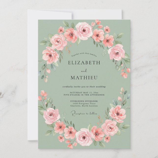 Invitación Boda Romántica Corona de Flor de Melocotón (Anverso)