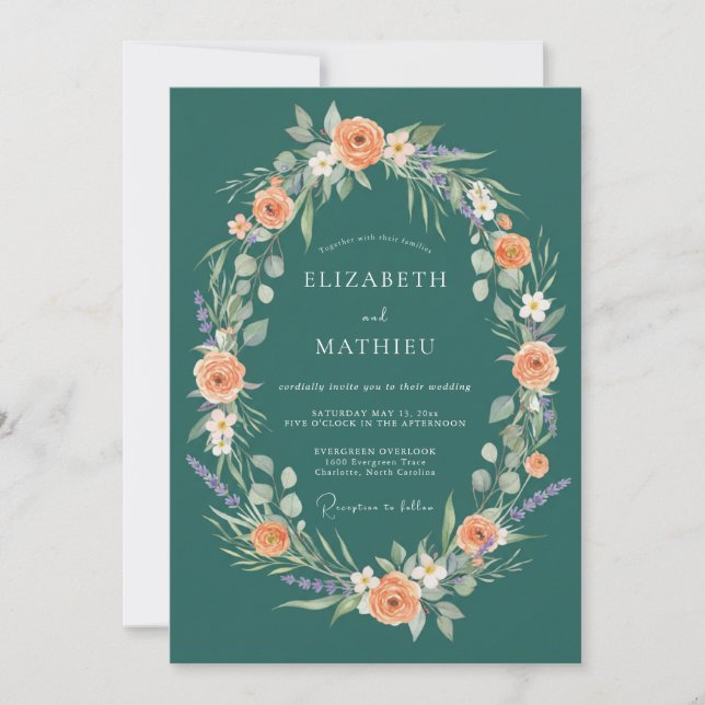 Invitación Boda Romántica Corona de Flor de Té (Anverso)