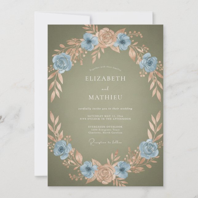 Invitación Boda Romántica Corona de Melocotón Azul (Anverso)