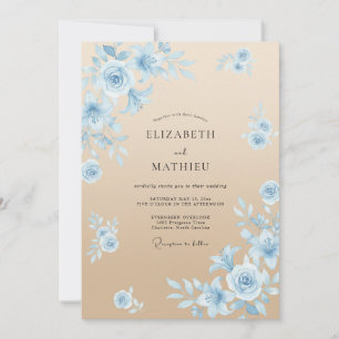 Invitación Boda Romántica Costera Champagne Azul