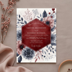 Invitación Boda Romántica Crepuscular Floral Borgoña
