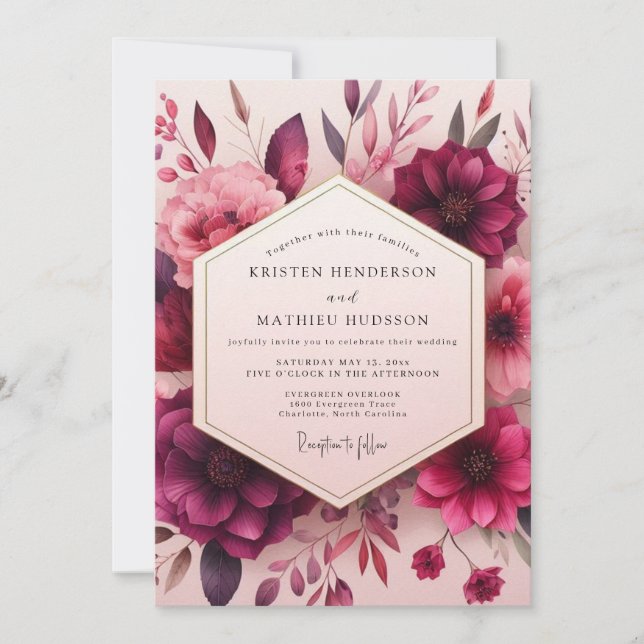 Invitación Boda Romántica Crimson Bloom (Anverso)