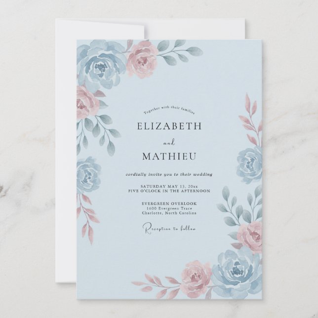 Invitación Boda Romántica de Acuarela de Azul Claro (Anverso)